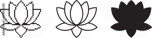 Minimalist Lotus Flower Illustration Set  Pixel Art, Line Drawing, and Silhouette Design