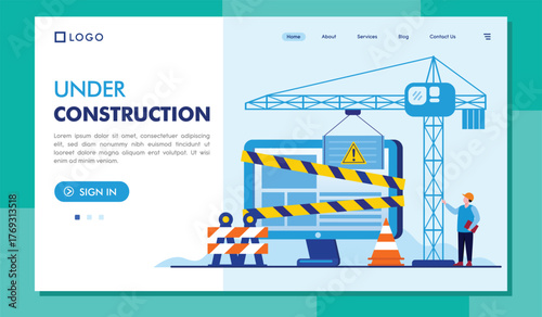 An illustration showing a website under construction with a crane, caution symbols, and construction barriers indicating the development of a digital platform in progress.