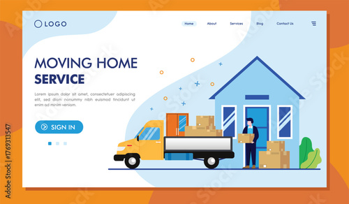 This image showcases a home moving service illustration featuring a house, delivery truck, and boxes being carried, highlighting the logistics of relocation and organization.