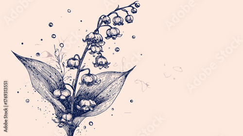 Elegant Hand-Drawn Lily of the Valley Illustration on Pink Background, Vintage Botanical Sketch, Detailed Floral Art