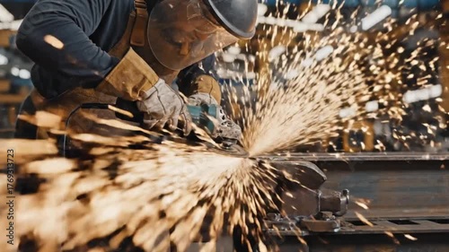 Industrial Worker Grinding Metal Surface with Electric Sander in Manufacturing Factory Workshop