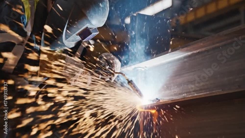 Professional Welder Joining Steel Components in Industrial Metal Fabrication Workshop with Flying Sparks