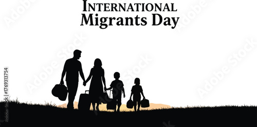Family silhouette walking together for international migrants day with luggage