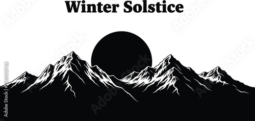 Winter solstice silhouette with snowy mountains and moon in black and