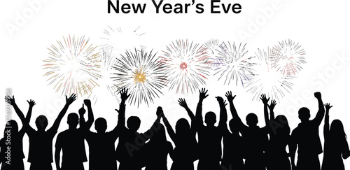 Silhouettes of crowd celebrating new years eve with fireworks in