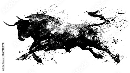 Dynamic stylized black ink splash bull illustration running aggressively, powerful animal artwork with grunge texture