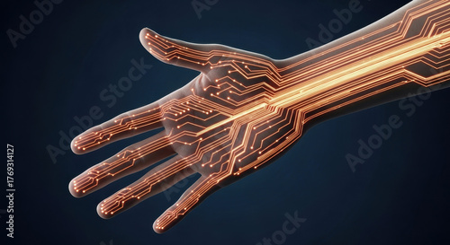 Futuristic 3D render of a human arm and hand with internal glowing orange circuit board patterns and pulsing energy, representing bionics or cybernetic enhancement.