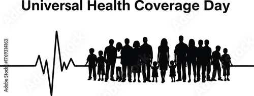 Universal health coverage day with silhouettes and heartbeat line