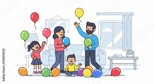 Family Celebrates With Balloons In A Home Illustration Concept