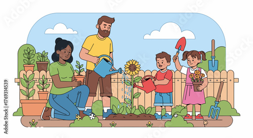 Family Cultivating Plants Togetherness In Backyard Garden Illustration
