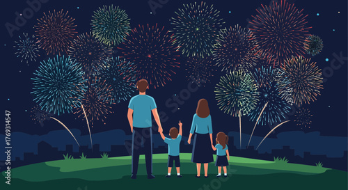Family Celebrates With Fireworks Display On New Year's Eve Night