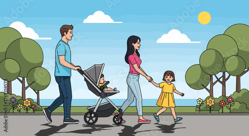 Family Enjoying A Sunny Day Stroll In The Park Together