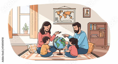 Family Exploring Geography At Home Together In A Cozy Setting