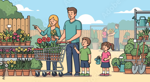 Family Selecting Flowers Together At Local Garden Center