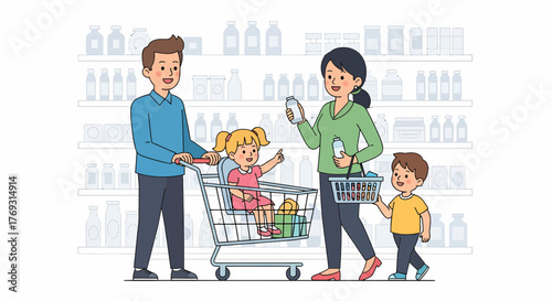 Family Shopping Together Buying Groceries In Supermarket Illustration