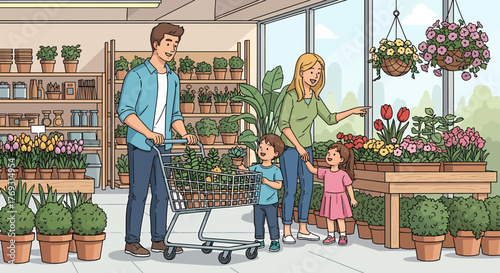 Family Shopping For Plants At The Local Greenhouse Illustration