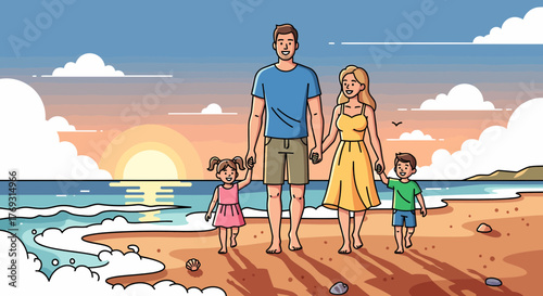Family Stroll On Sandy Shoreline At Sunset Cartoon Illustration