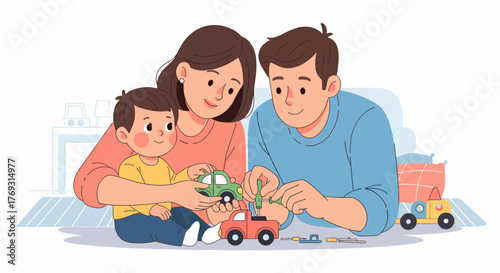 Family Time Building Toy Cars Together At Home Happiness Concept