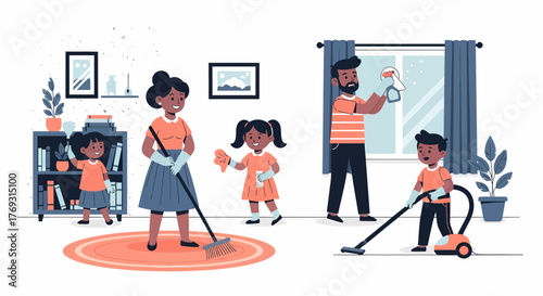 Happy Family Cleans Together Having Fun Household Chores