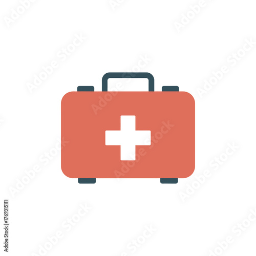 A red flat icon of a complete first aid kit with a white cross for emergency medical assistance on a white background