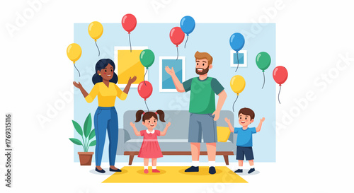 Happy Family Celebrating Together At Home With Colorful Balloons