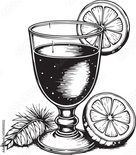 Holiday Drink in Glass with Citrus Slices — Festive Beverage Line Art Vector