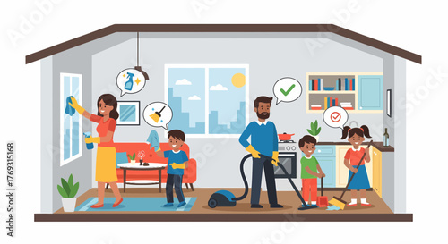 Happy Family Doing Housework Together Illustration In Their Home