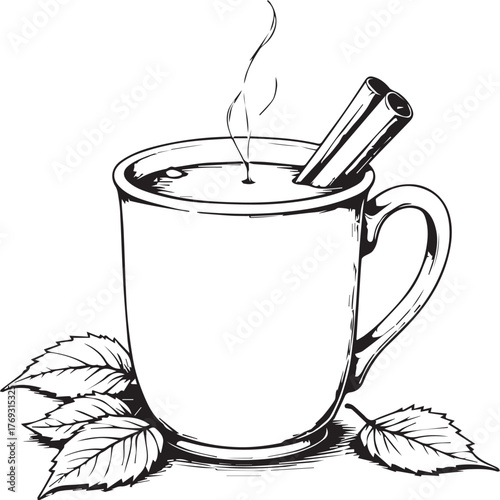 Steaming Autumn Cinnamon Spice Drink Illustration with Leaves for Cozy Seasonal Food Design