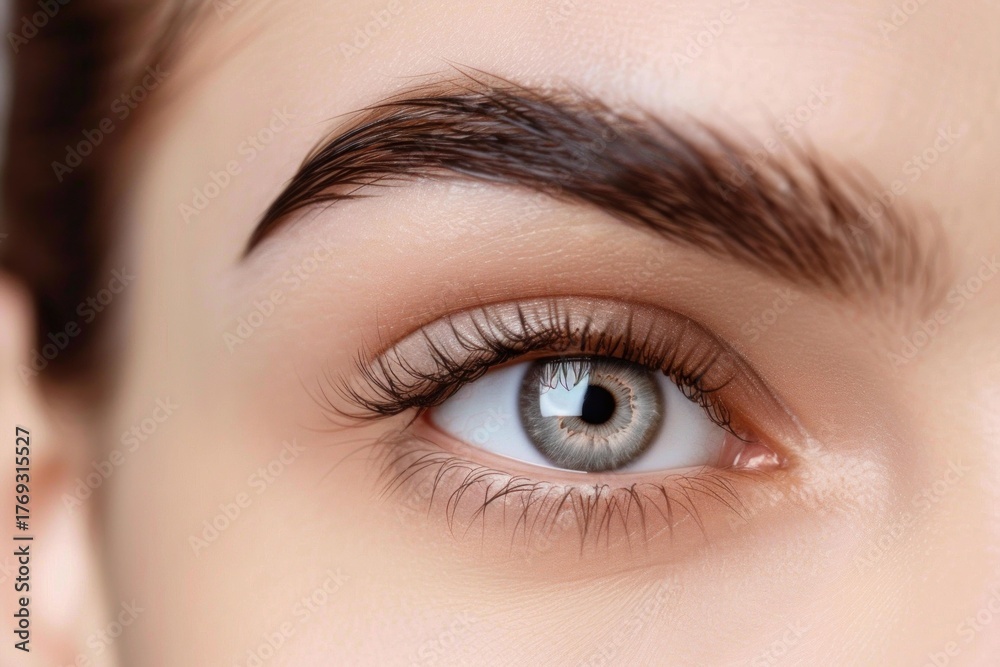 Obraz premium Closeup of beautiful female eye with long eyelashes and perfect eyebrows makeup