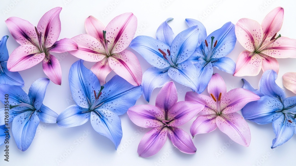 Bouquet of multicoloured lilies on white background.
Postcard design, interior design, advertising of flower shops, thematic blogs about nature.