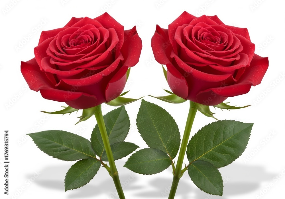 Naklejka premium Two Red Roses on White Background — Close-Up Botanical