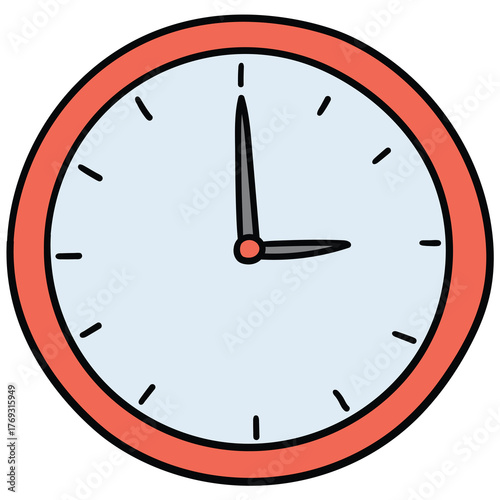 Hand-drawn cartoon red wall clock on a white background.