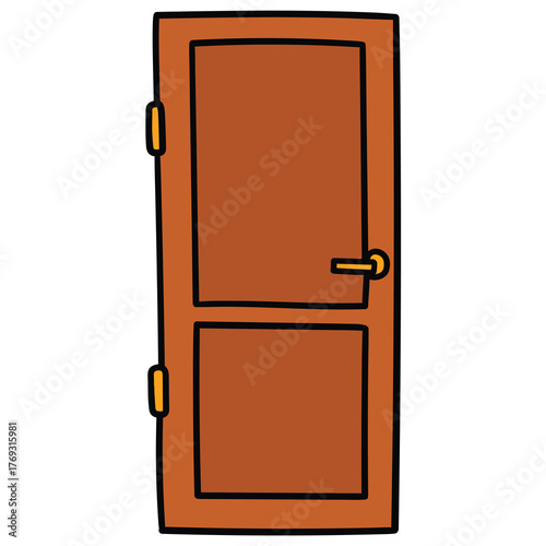 Hand-drawn cartoon wooden brown door on a white background.