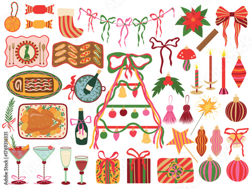 Christmas party vector set. Festive clipart with holiday food, drinks, gifts, ornaments, candles, decorations isolated on white background. Colorful playful xmas elements for card, celebration design