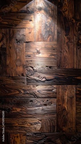 Dramatic Spotlight on an Ancient Hand Carved Wooden Wall.