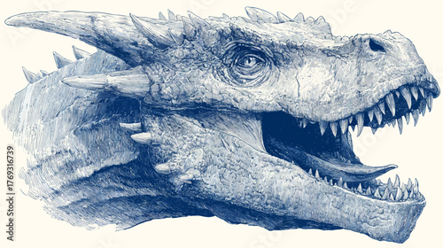 Detailed monochrome illustration of a fierce fantasy dragon head with scales, horns, and sharp teeth, roaring with an open mouth.