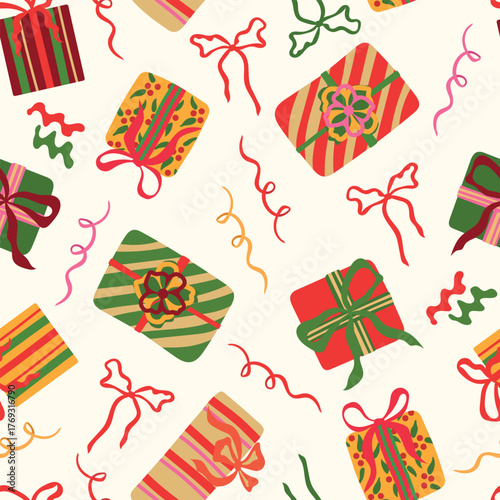 Gift boxes vector seamless pattern. Colorful wrapped presents with bows and festive ribbons decorations on light cream background. Modern holiday repeat design for Christmas, birthday celebration