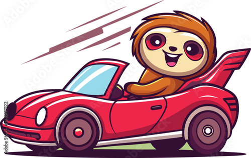 Smiling Sloth Driving Red Sports Car – Humorous Speed Concept in Cartoon Style