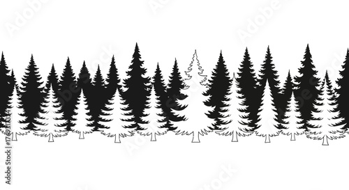 Monochrome evergreen forest border with alternating black and white silhouettes