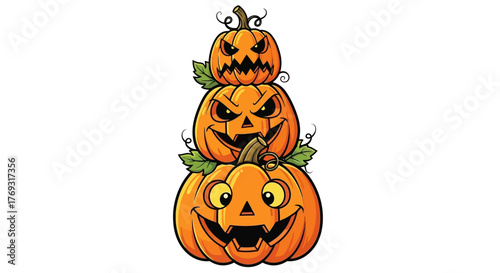 Stacked Halloween Pumpkins with Unique Expressions: Whimsical Autumn Illustration