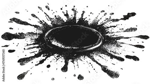 Dramatic Black Ink Splatter Burst Grunge Circle Texture on White Background, Abstract Design Element