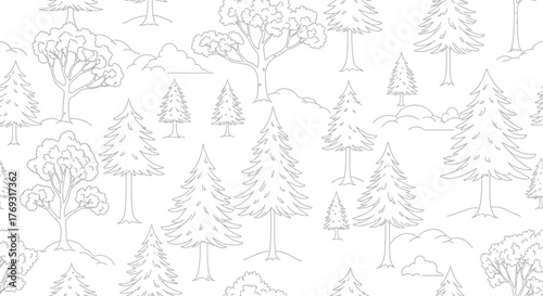 Elegant seamless pattern featuring a monochrome sketch of a dense forest landscape