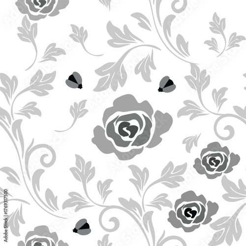 Black and White Rose and Leaf Pattern — Elegant Monochrome Floral Vector Design Perfect for Fabric, Textile Print, Wallpaper, and Modern Decorative Backgrounds