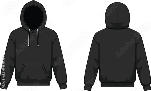 Black hooded sweatshirt front and back view with kangaroo pocket, drawstring hood, ribbed cuffs for fashion design vector illustration