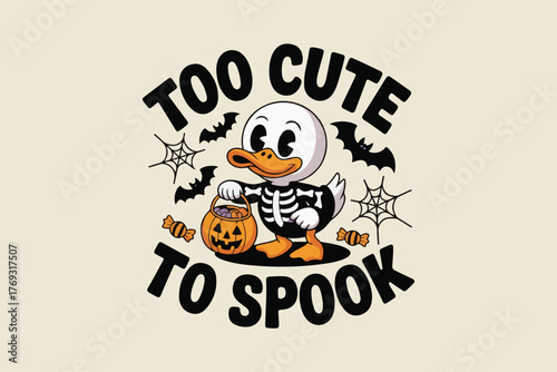 Adorable skeleton duck halloween graphic too cute to spook design festive fall seasonal art
