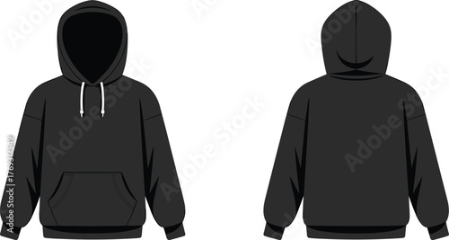 Black hooded sweatshirt front and back view with kangaroo pocket, drawstring hood, ribbed cuffs for fashion design vector illustration
