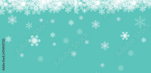Snowflakes delicately scattered on a vibrant turquoise background, vector art.