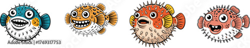 Set of colorful  cartoon puffer fish displaying different facial expressions vector illustration.