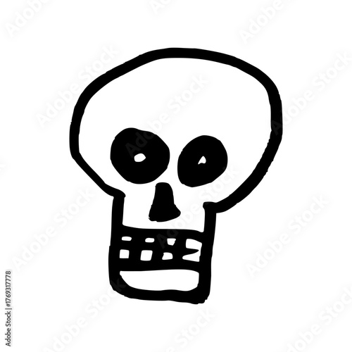 Creepy human skull. Doodle style hand drawn object. Simple isolated outline.