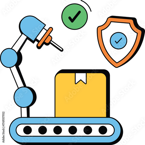 Automated machine packing box package insurance policy isometric flat vector illustration